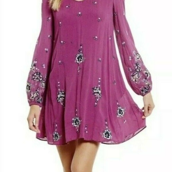 Bohemian Embroidered Floral Mini Open Back Tunic Dress Pink Lilac XS FREE PEOPLE - Picture 2 of 8